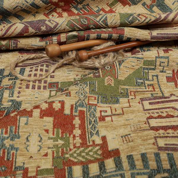 Zoque Kilim Tribal Theme Patchwork Intricate Pattern Beige Colour Chenille Fabric JO-1440 - Made To Measure Curtains