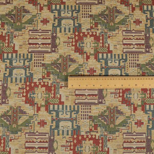 Zoque Kilim Tribal Theme Patchwork Intricate Pattern Beige Colour Chenille Fabric JO-1440 - Roman Blinds