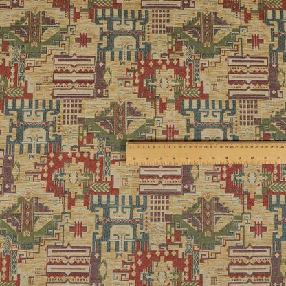Zoque Kilim Tribal Theme Patchwork Intricate Pattern Beige Colour Chenille Fabric JO-1440