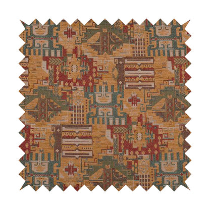 Zoque Kilim Tribal Theme Patchwork Intricate Pattern Golden Orange Colour Chenille Fabric JO-1441 - Roman Blinds