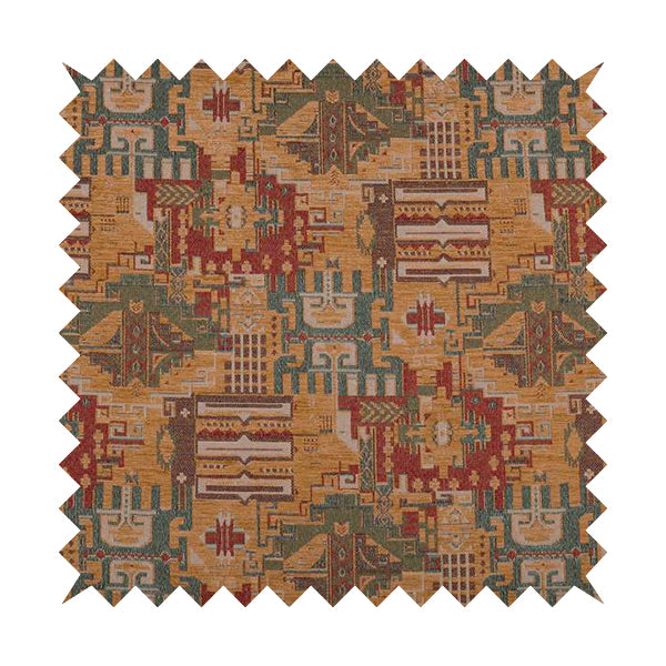 Zoque Kilim Tribal Theme Patchwork Intricate Pattern Golden Orange Colour Chenille Fabric JO-1441