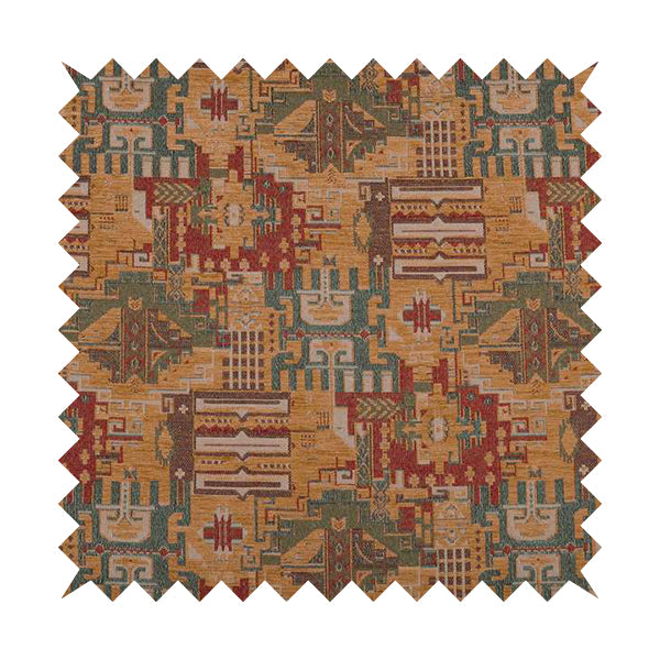 Zoque Kilim Tribal Theme Patchwork Intricate Pattern Golden Orange Colour Chenille Fabric JO-1441 - Made To Measure Curtains