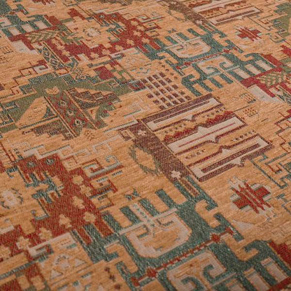 Zoque Kilim Tribal Theme Patchwork Intricate Pattern Golden Orange Colour Chenille Fabric JO-1441 - Made To Measure Curtains