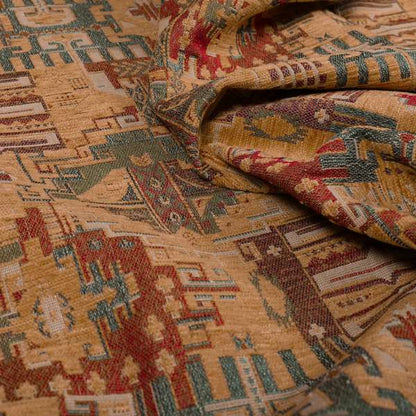 Zoque Kilim Tribal Theme Patchwork Intricate Pattern Golden Orange Colour Chenille Fabric JO-1441 - Roman Blinds