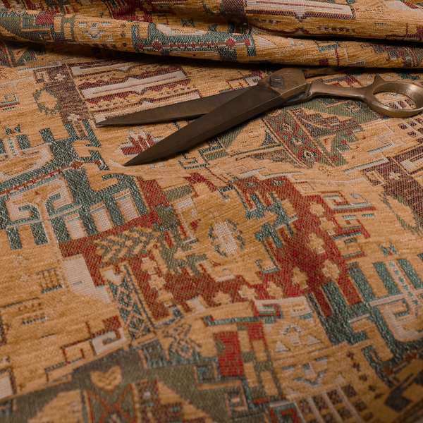 Zoque Kilim Tribal Theme Patchwork Intricate Pattern Golden Orange Colour Chenille Fabric JO-1441