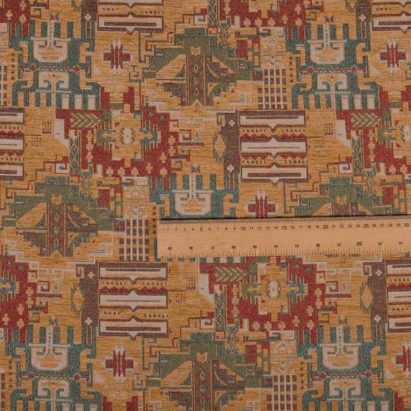 Zoque Kilim Tribal Theme Patchwork Intricate Pattern Golden Orange Colour Chenille Fabric JO-1441 - Made To Measure Curtains