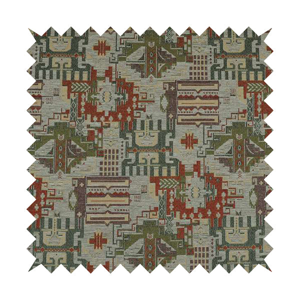 Zoque Kilim Tribal Theme Patchwork Intricate Pattern Grey Colour Chenille Fabric JO-1442