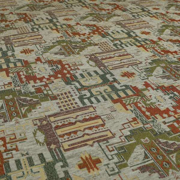Zoque Kilim Tribal Theme Patchwork Intricate Pattern Grey Colour Chenille Fabric JO-1442