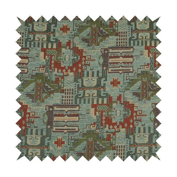 Zoque Kilim Tribal Theme Patchwork Intricate Pattern Blue Colour Chenille Fabric JO-1443 - Made To Measure Curtains