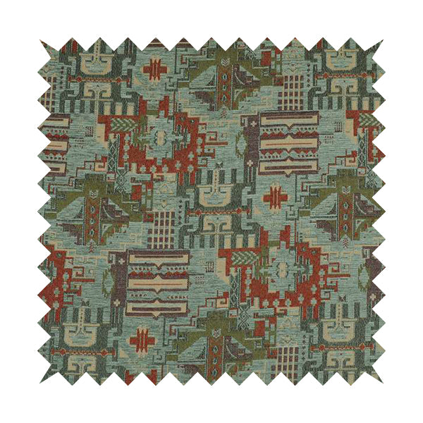 Zoque Kilim Tribal Theme Patchwork Intricate Pattern Blue Colour Chenille Fabric JO-1443
