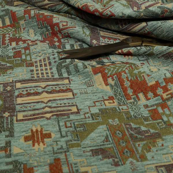 Zoque Kilim Tribal Theme Patchwork Intricate Pattern Blue Colour Chenille Fabric JO-1443 - Roman Blinds