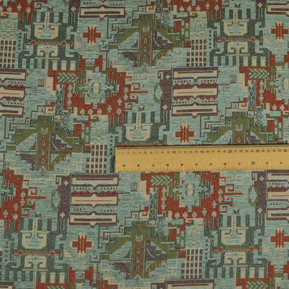 Zoque Kilim Tribal Theme Patchwork Intricate Pattern Blue Colour Chenille Fabric JO-1443