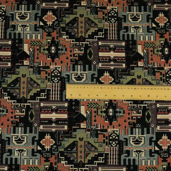 Zoque Kilim Tribal Theme Patchwork Intricate Pattern Black Colour Chenille Fabric JO-1444