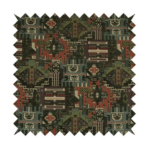 Zoque Kilim Tribal Theme Patchwork Intricate Pattern Green Colour Chenille Fabric JO-1445 - Made To Measure Curtains