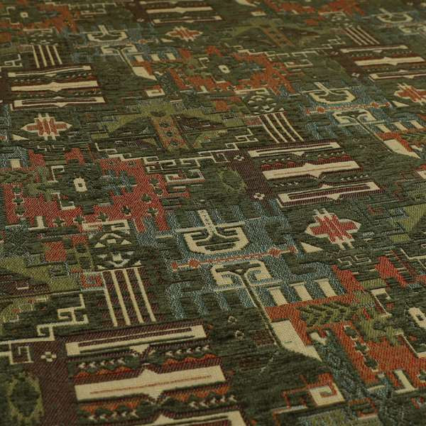 Zoque Kilim Tribal Theme Patchwork Intricate Pattern Green Colour Chenille Fabric JO-1445 - Roman Blinds