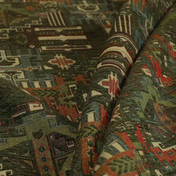 Zoque Kilim Tribal Theme Patchwork Intricate Pattern Green Colour Chenille Fabric JO-1445