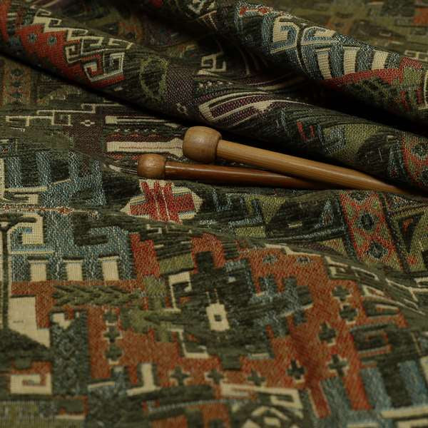 Zoque Kilim Tribal Theme Patchwork Intricate Pattern Green Colour Chenille Fabric JO-1445