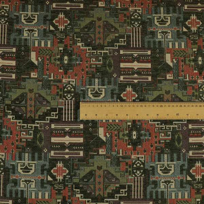 Zoque Kilim Tribal Theme Patchwork Intricate Pattern Green Colour Chenille Fabric JO-1445 - Made To Measure Curtains