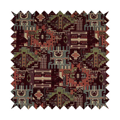 Zoque Kilim Tribal Theme Patchwork Intricate Pattern Burgundy Colour Chenille Fabric JO-1446 - Roman Blinds
