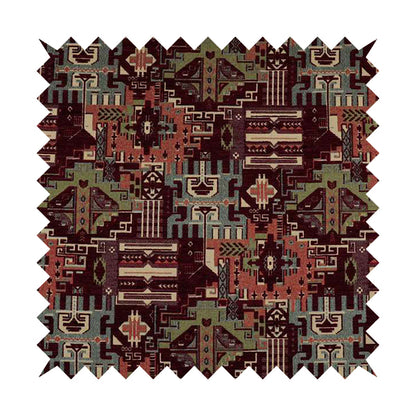 Zoque Kilim Tribal Theme Patchwork Intricate Pattern Burgundy Colour Chenille Fabric JO-1446 - Made To Measure Curtains