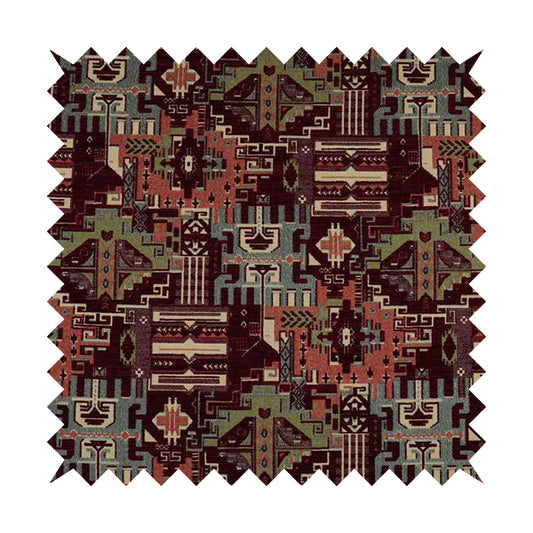 Zoque Kilim Tribal Theme Patchwork Intricate Pattern Burgundy Colour Chenille Fabric JO-1446
