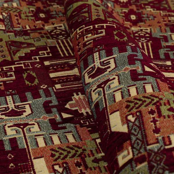 Zoque Kilim Tribal Theme Patchwork Intricate Pattern Burgundy Colour Chenille Fabric JO-1446 - Made To Measure Curtains