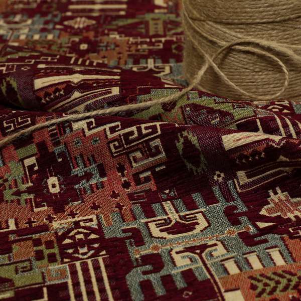 Zoque Kilim Tribal Theme Patchwork Intricate Pattern Burgundy Colour Chenille Fabric JO-1446 - Made To Measure Curtains