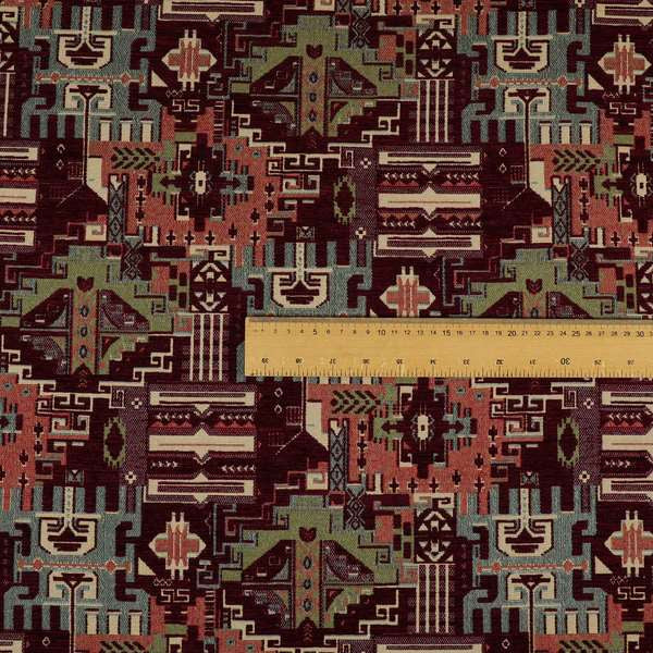 Zoque Kilim Tribal Theme Patchwork Intricate Pattern Burgundy Colour Chenille Fabric JO-1446 - Made To Measure Curtains