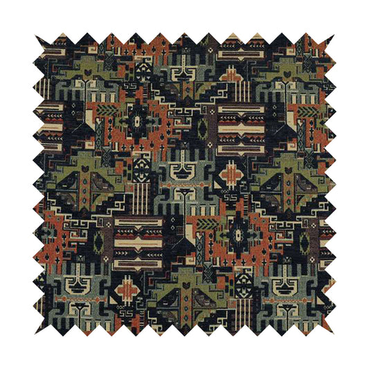 Zoque Kilim Tribal Theme Patchwork Intricate Pattern Navy Blue Colour Chenille Fabric JO-1447