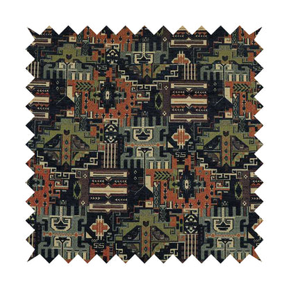 Zoque Kilim Tribal Theme Patchwork Intricate Pattern Navy Blue Colour Chenille Fabric JO-1447 - Made To Measure Curtains