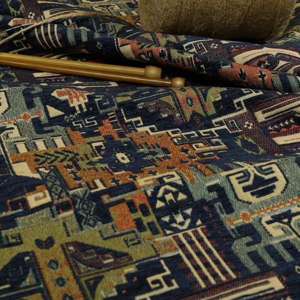 Zoque Kilim Tribal Theme Patchwork Intricate Pattern Navy Blue Colour Chenille Fabric JO-1447 - Made To Measure Curtains