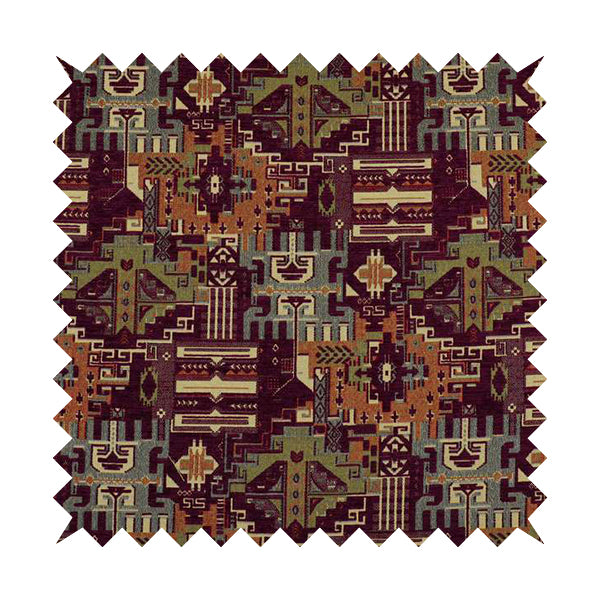 Zoque Kilim Tribal Theme Patchwork Intricate Pattern Purple Colour Chenille Fabric JO-1448 - Made To Measure Curtains