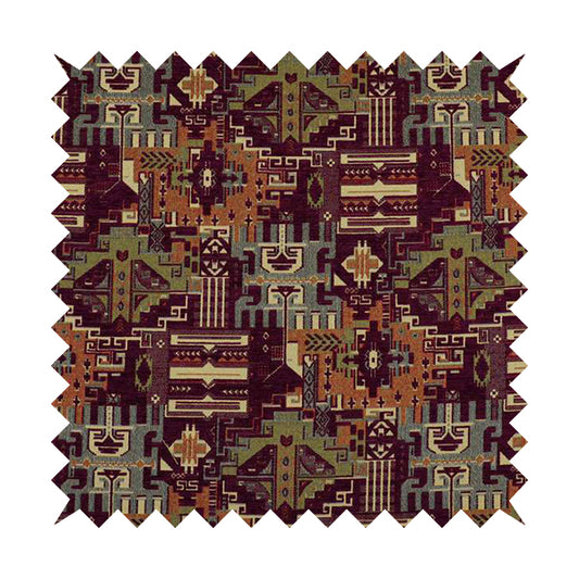 Zoque Kilim Tribal Theme Patchwork Intricate Pattern Purple Colour Chenille Fabric JO-1448