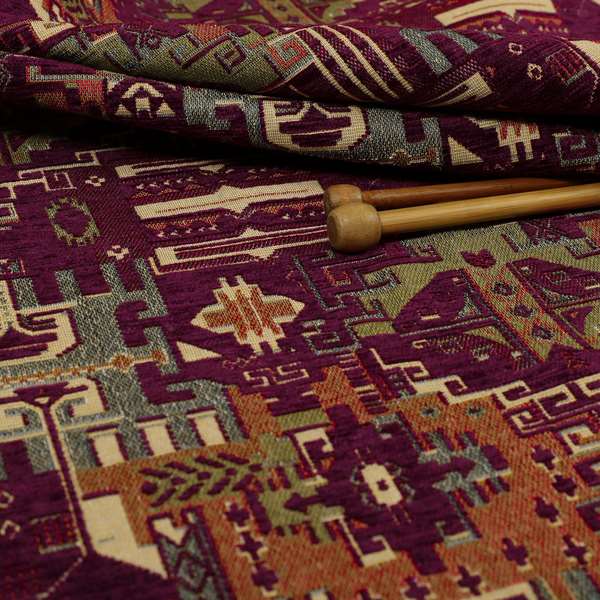 Zoque Kilim Tribal Theme Patchwork Intricate Pattern Purple Colour Chenille Fabric JO-1448 - Made To Measure Curtains