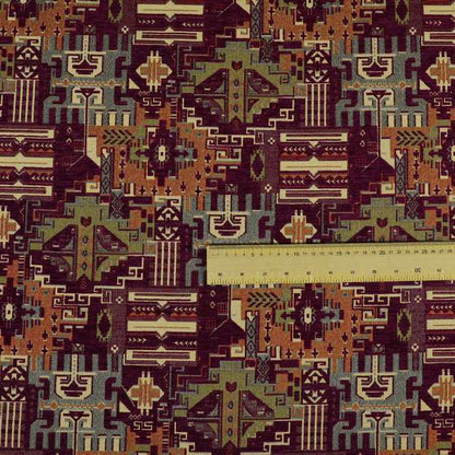 Zoque Kilim Tribal Theme Patchwork Intricate Pattern Purple Colour Chenille Fabric JO-1448 - Roman Blinds