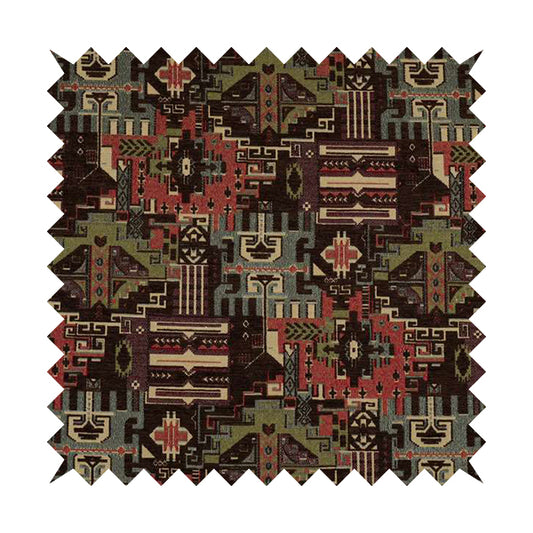 Zoque Kilim Tribal Theme Patchwork Intricate Pattern Brown Colour Chenille Fabric JO-1449