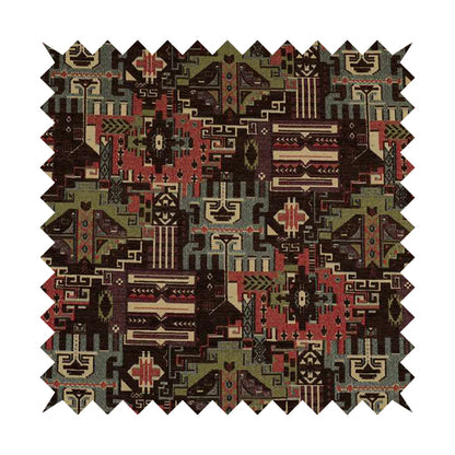 Zoque Kilim Tribal Theme Patchwork Intricate Pattern Brown Colour Chenille Fabric JO-1449 - Made To Measure Curtains