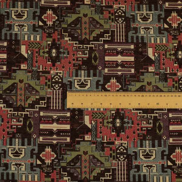 Zoque Kilim Tribal Theme Patchwork Intricate Pattern Brown Colour Chenille Fabric JO-1449 - Roman Blinds