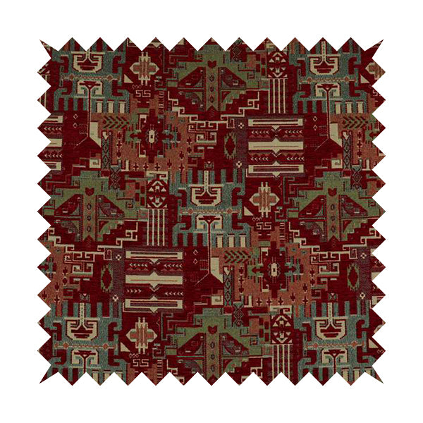 Zoque Kilim Tribal Theme Patchwork Intricate Pattern Red Colour Chenille Fabric JO-1450 - Roman Blinds