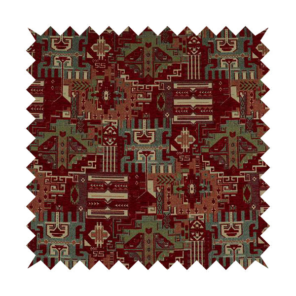 Zoque Kilim Tribal Theme Patchwork Intricate Pattern Red Colour Chenille Fabric JO-1450 - Made To Measure Curtains