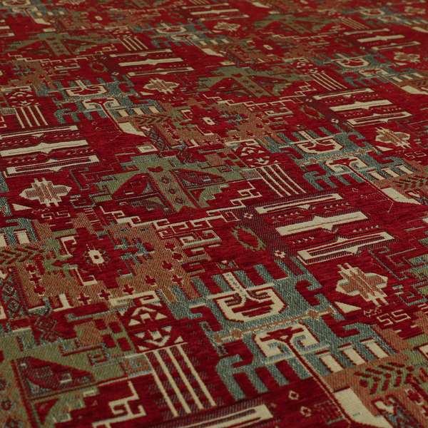 Zoque Kilim Tribal Theme Patchwork Intricate Pattern Red Colour Chenille Fabric JO-1450 - Roman Blinds