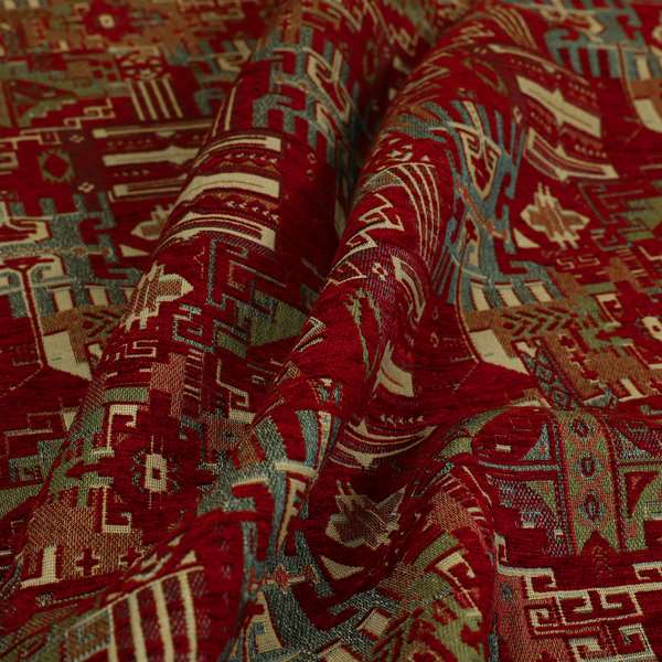 Zoque Kilim Tribal Theme Patchwork Intricate Pattern Red Colour Chenille Fabric JO-1450 - Roman Blinds