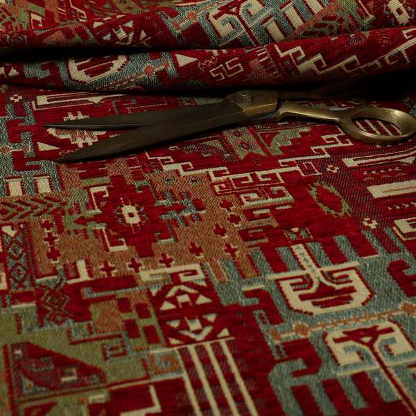 Zoque Kilim Tribal Theme Patchwork Intricate Pattern Red Colour Chenille Fabric JO-1450 - Made To Measure Curtains