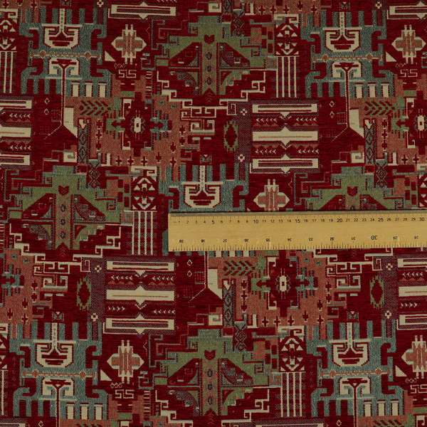 Zoque Kilim Tribal Theme Patchwork Intricate Pattern Red Colour Chenille Fabric JO-1450 - Roman Blinds