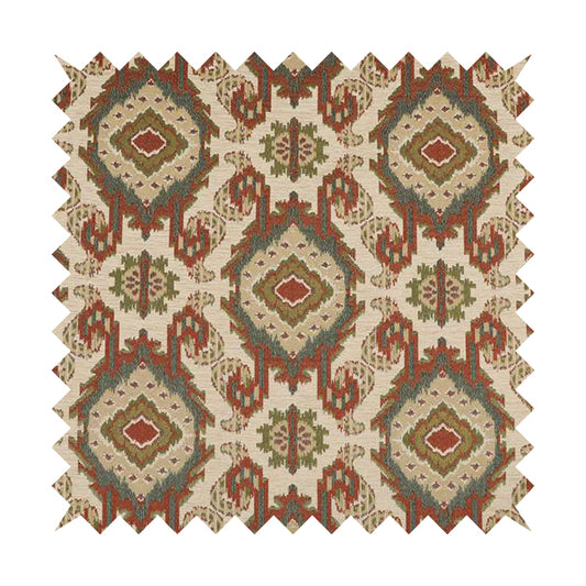 Mazahua Tribal Theme Damask Intricate Pattern Cream Coloured Chenille Fabric JO-1451