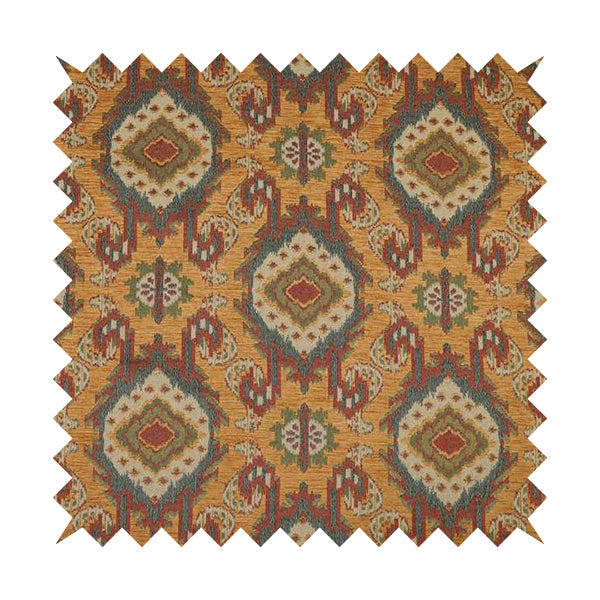 Mazahua Tribal Theme Damask Intricate Pattern Golden Orange Coloured Chenille Fabric JO-1454 - Made To Measure Curtains