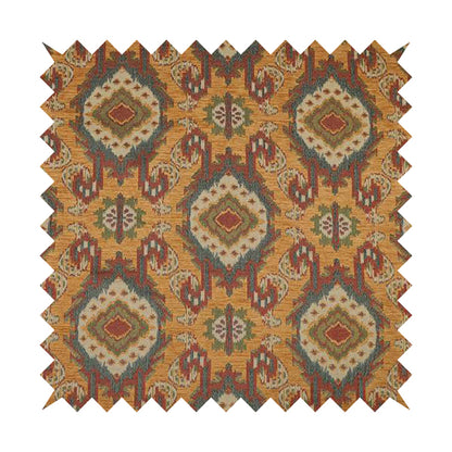 Mazahua Tribal Theme Damask Intricate Pattern Golden Orange Coloured Chenille Fabric JO-1454 - Made To Measure Curtains