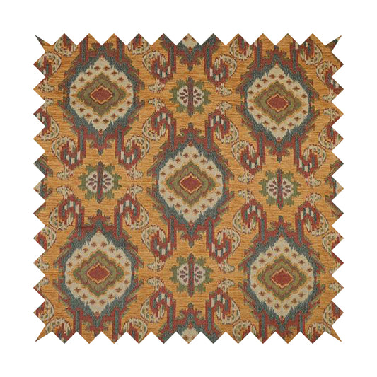 Mazahua Tribal Theme Damask Intricate Pattern Golden Orange Coloured Chenille Fabric JO-1454