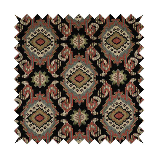 Mazahua Tribal Theme Damask Intricate Pattern Black Coloured Chenille Fabric JO-1455