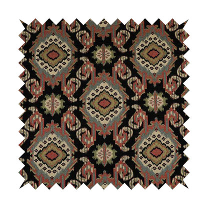 Mazahua Tribal Theme Damask Intricate Pattern Black Coloured Chenille Fabric JO-1455 - Made To Measure Curtains